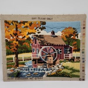 15" x 18" Vintage Crewel Needlepoint Farm Country Old Mill Water Wheel Completed